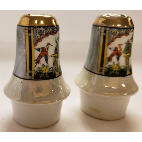 Salt & Pepper Shakers- Lusterware/ Gilt Tops/  Birds & Fruit- Made in Japan - Picture 2 of 5